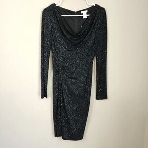 Cache Black and Silver Sparkle Dress Womens Size S Long sleeve Sequin